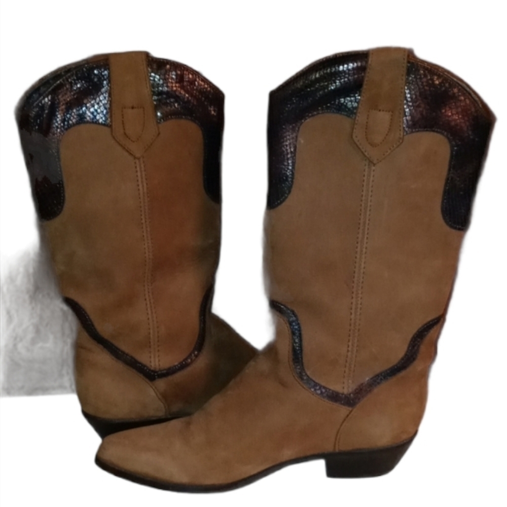 Dingo boots tan/brown suede snakeskin trim 6.5